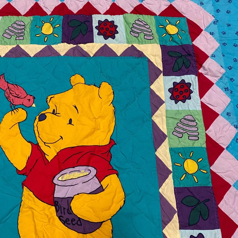 Vintage Disney Winnie The Pooh Blanket Patchwork Quilt Embroidered 90’s
